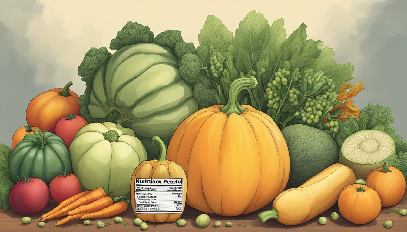 A whole butternut squash surrounded by various fruits and vegetables, with a nutrition label in the background