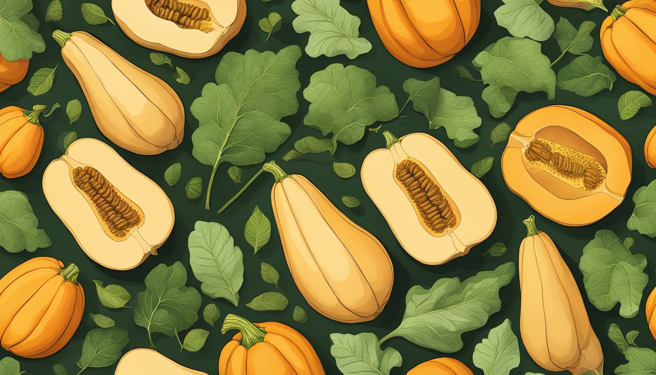 A colorful array of whole and sliced butternut squash arranged on a rustic wooden table, surrounded by vibrant green leaves and a warm, inviting light