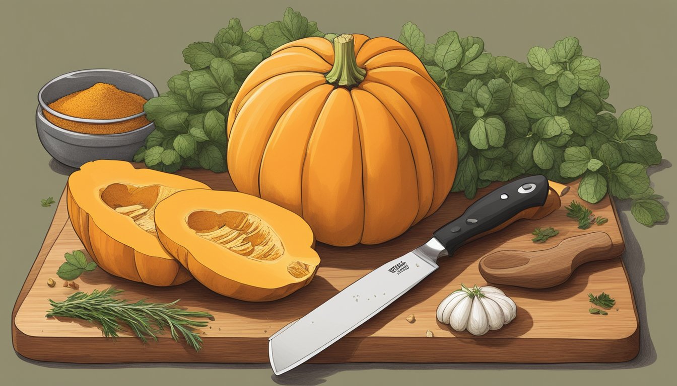 A whole butternut squash with a chef's knife next to it on a cutting board, surrounded by various herbs and spices