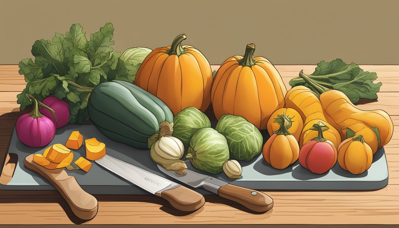 A colorful array of fresh produce, including butternut squash, arranged on a kitchen counter with a cutting board and knife nearby