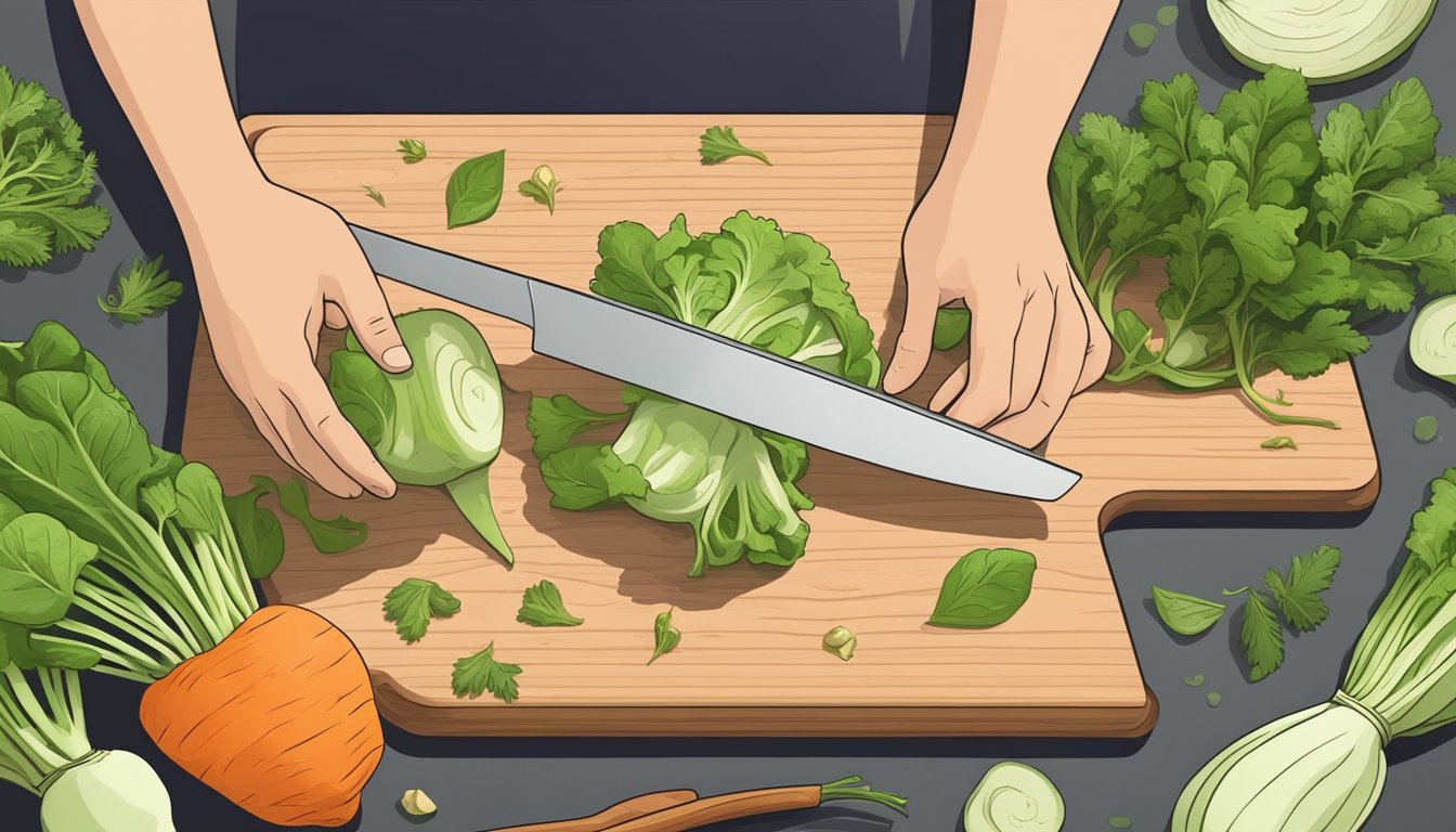 A person slicing raw kohlrabi on a cutting board with a knife, surrounded by fresh vegetables and herbs