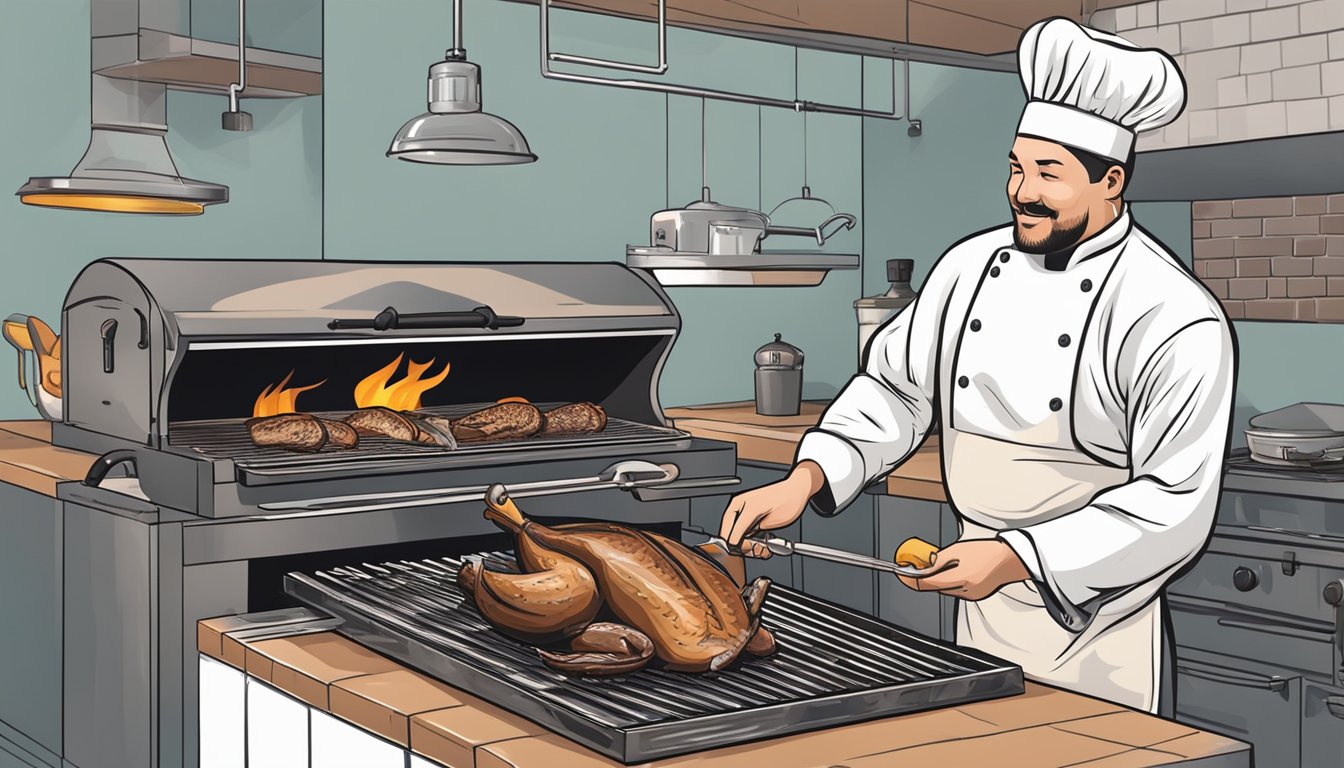 A chef grilling a whole duck on a barbecue, with a thermometer inserted to check the internal temperature