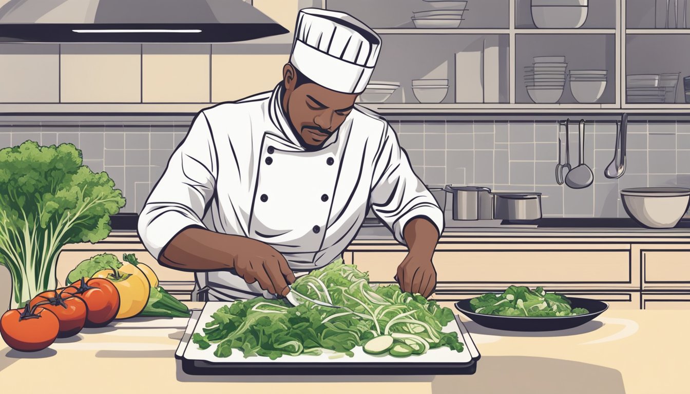 A chef slicing raw kohlrabi into thin strips for a salad, with a bowl of mixed greens and other vegetables in the background