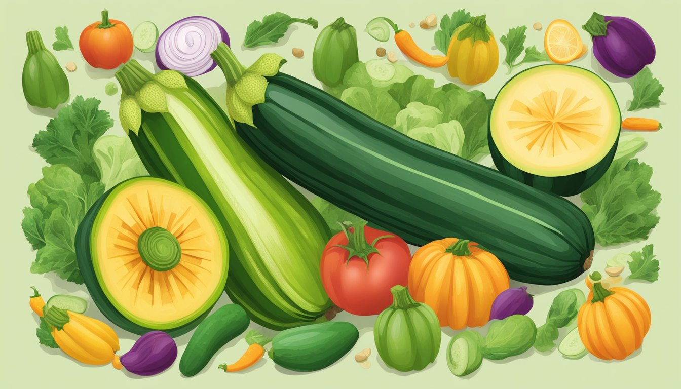 A vibrant zucchini surrounded by fresh produce, with a nutrition label and a question mark overhead