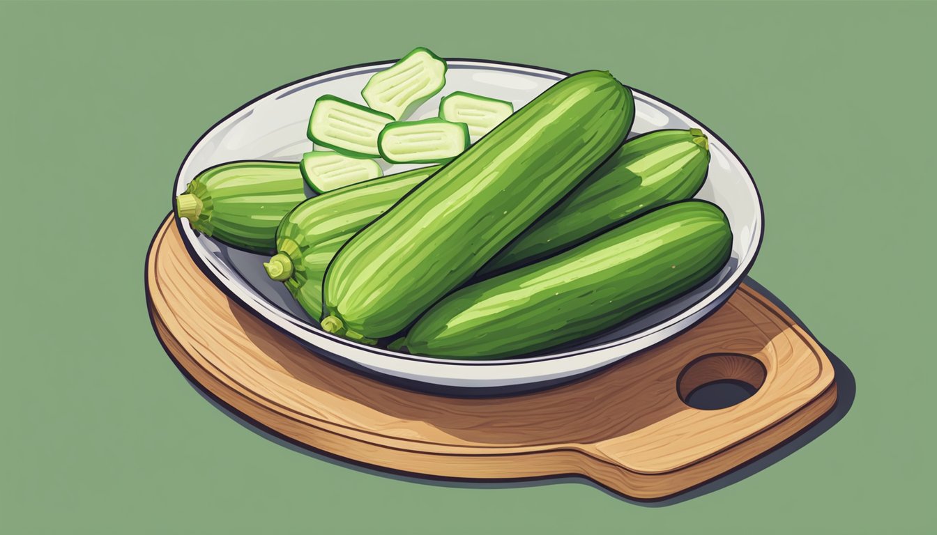 A bowl of sliced raw zucchini with a small dish of salt on a wooden cutting board