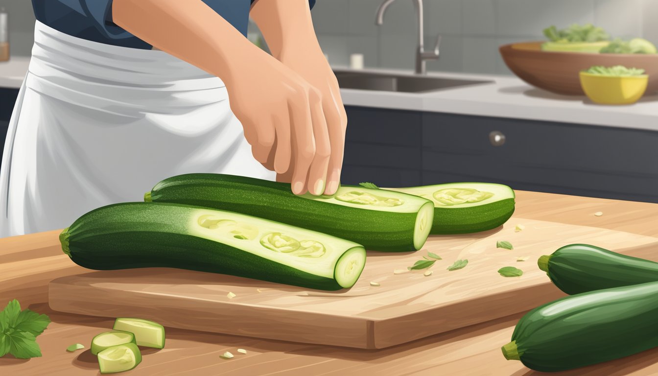 A chef slicing fresh zucchini on a clean cutting board, with a bowl of olive oil and seasonings nearby