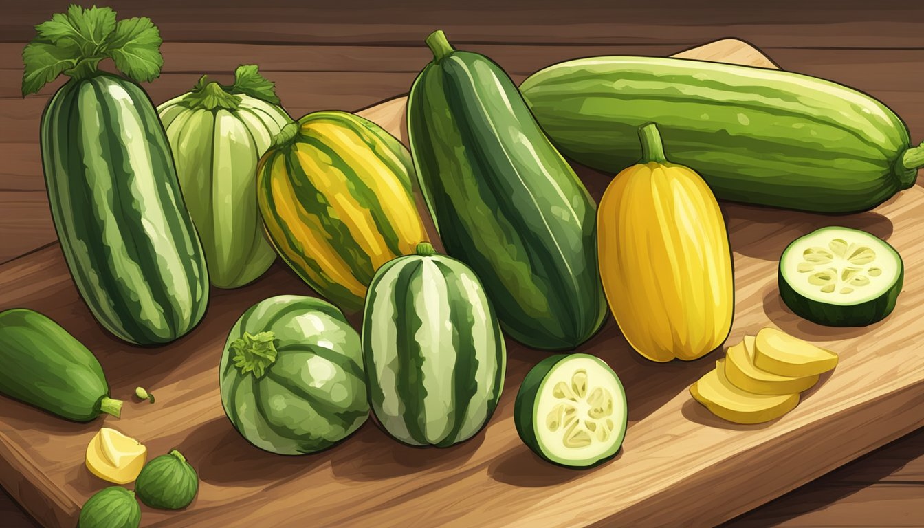 A variety of zucchinis arranged on a wooden cutting board, some whole and some sliced, with vibrant green and yellow colors