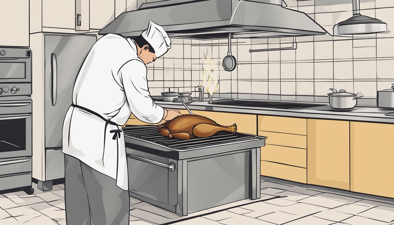 A chef roasting a whole goose in a hot oven, using a meat thermometer to ensure it is cooked to a safe temperature