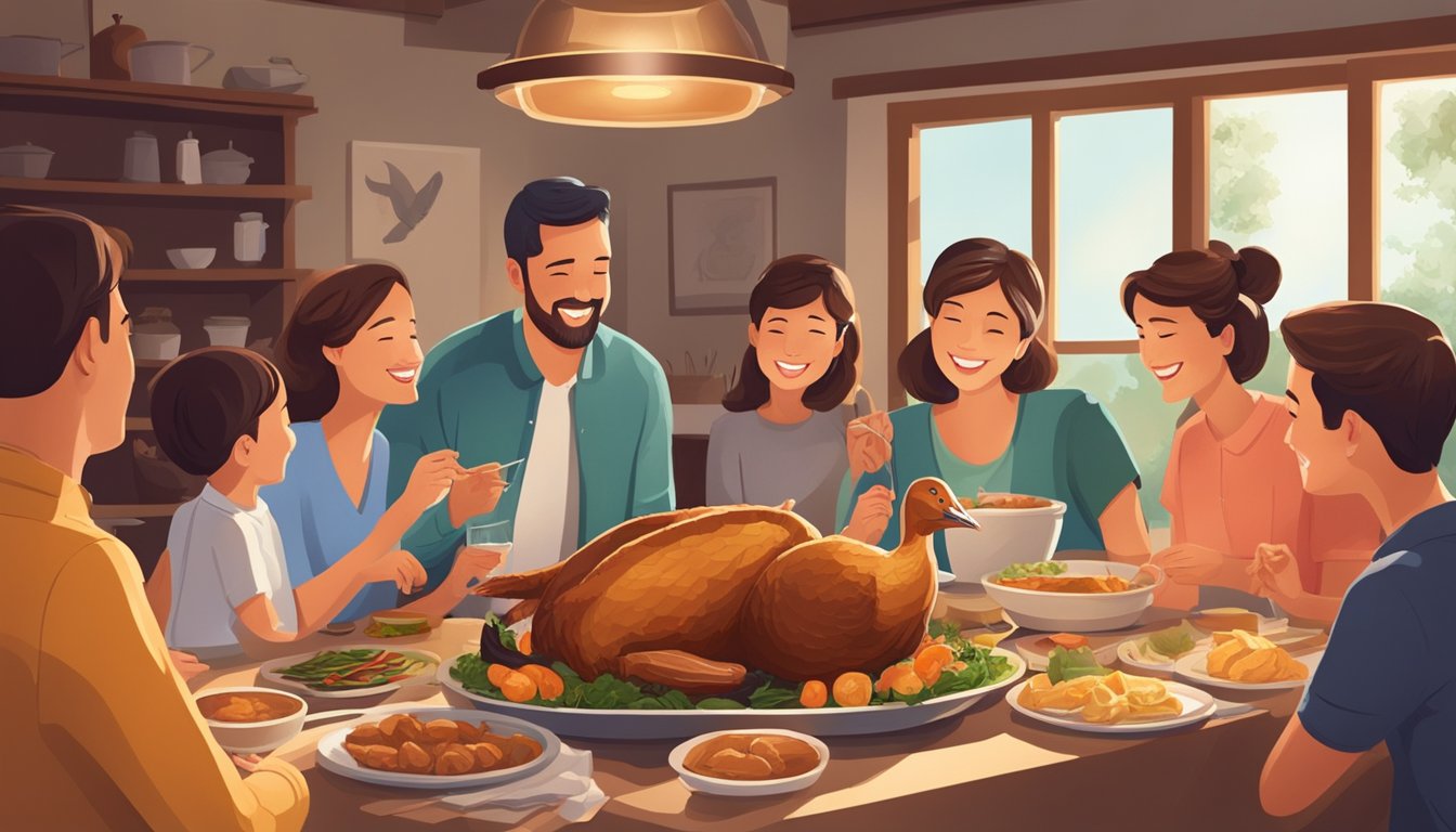 A family gathers around a table, enjoying a roasted goose. The aroma fills the air, and everyone is smiling and savoring the meal