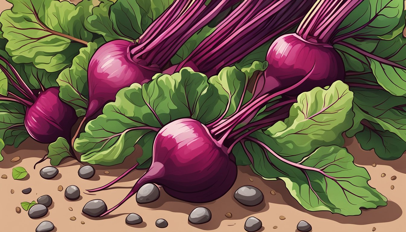 A pile of raw beets with vibrant green leaves, surrounded by scattered soil and small pebbles