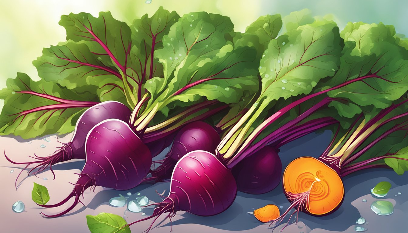 A colorful pile of raw beets surrounded by vibrant green leaves and stems, with drops of water glistening on their smooth surfaces