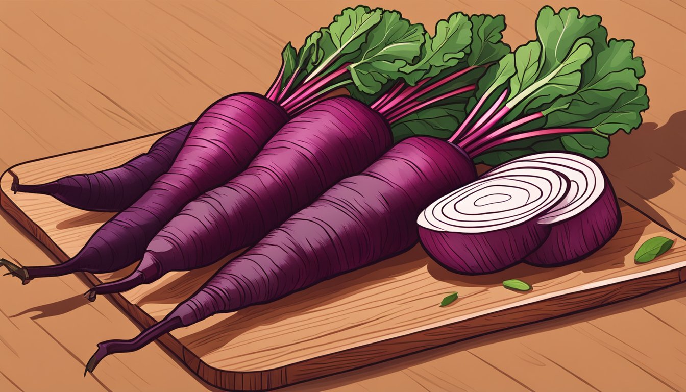 A vibrant bunch of raw beets, with leafy green stems, sitting on a wooden cutting board next to a sharp knife