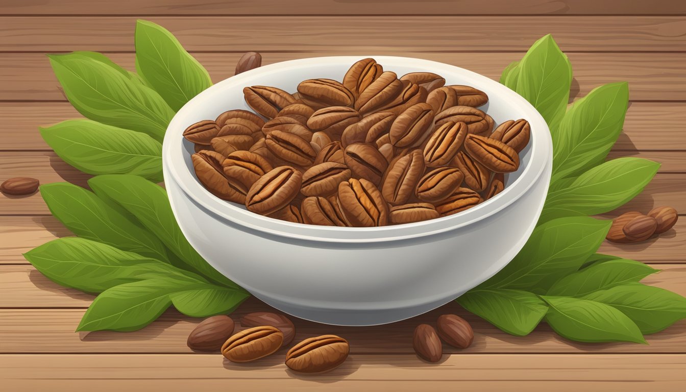 A bowl of raw pecans surrounded by vibrant green leaves and a scattering of whole pecans on a wooden table