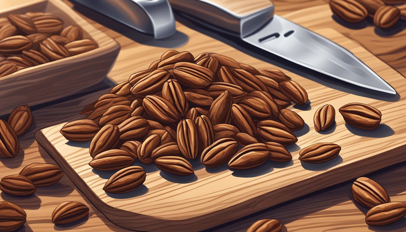 A pile of raw pecans on a wooden cutting board, with a small knife beside them and a measuring cup in the background