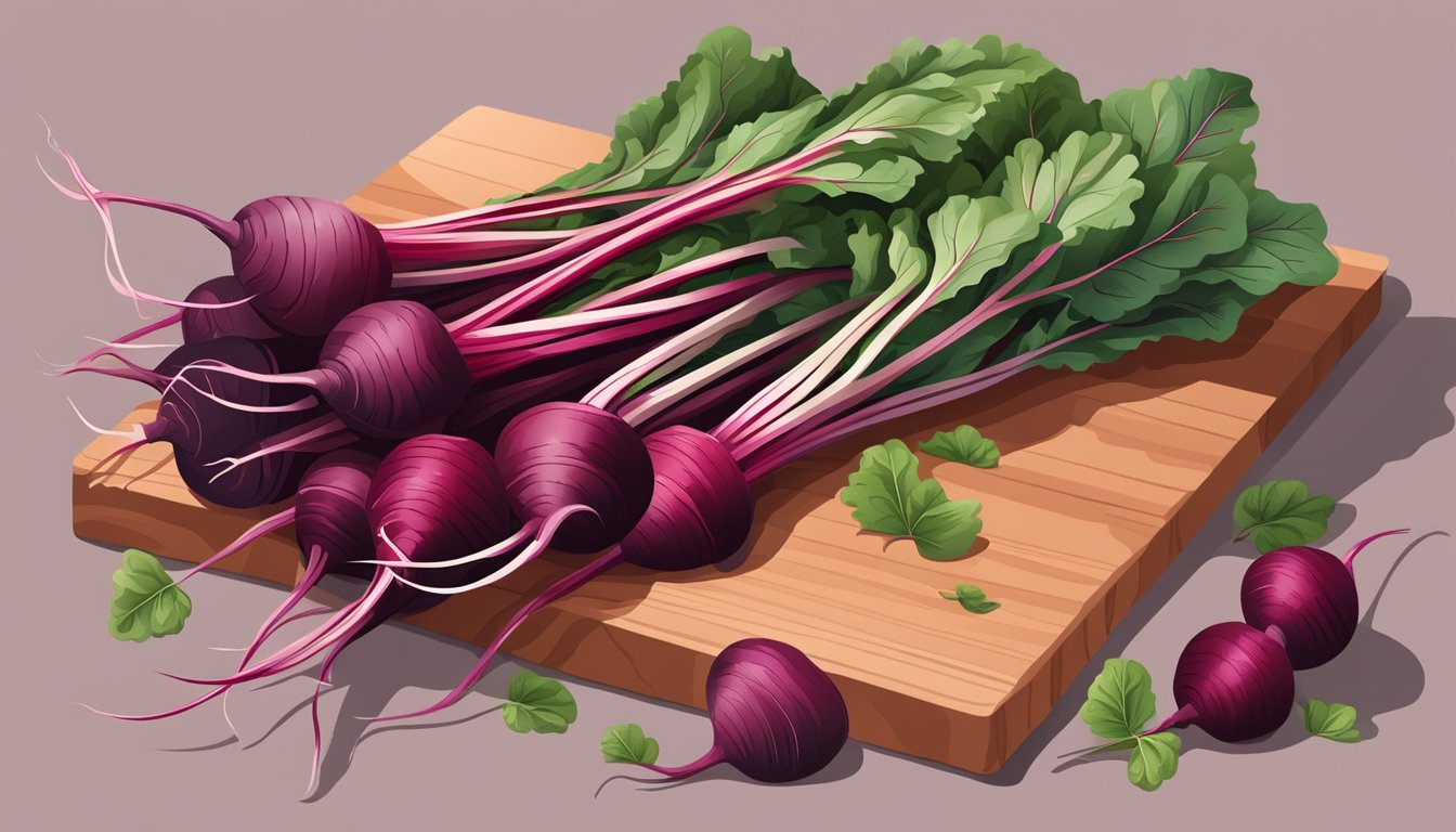 A colorful bunch of beet greens with vibrant red stems and deep green leaves, surrounded by fresh beets, on a wooden cutting board