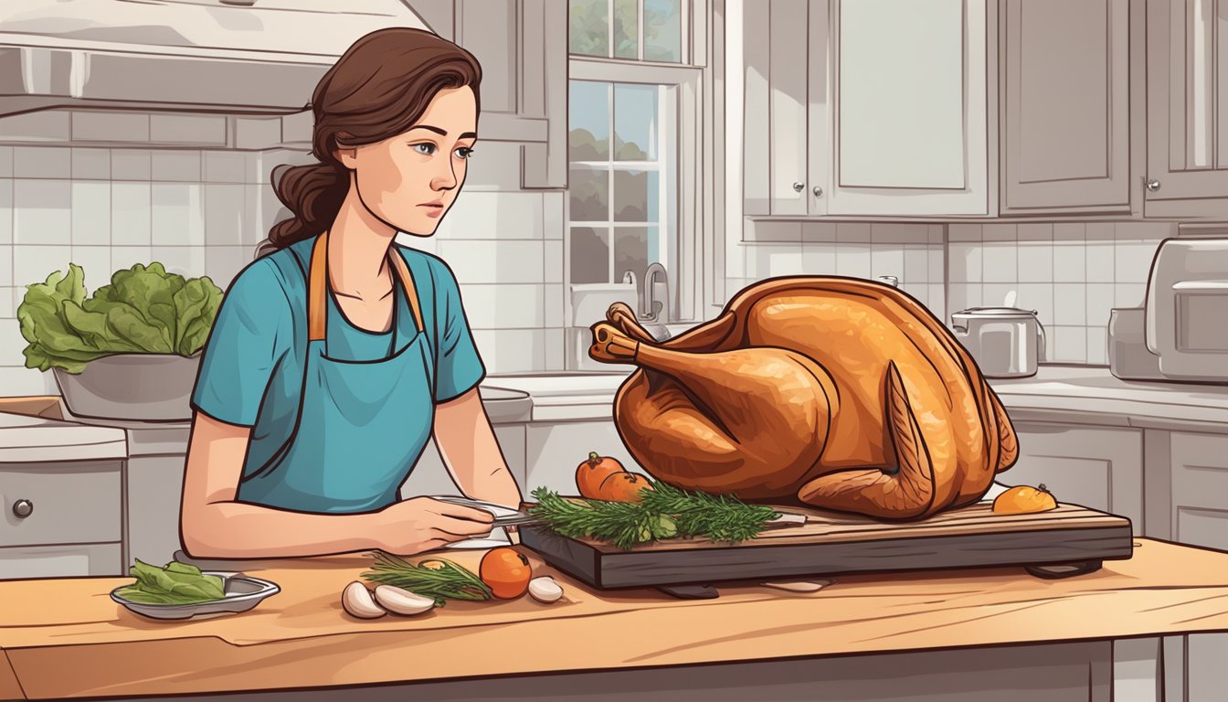 A person looking concerned while holding a partially cooked turkey on a cutting board, with a thermometer nearby