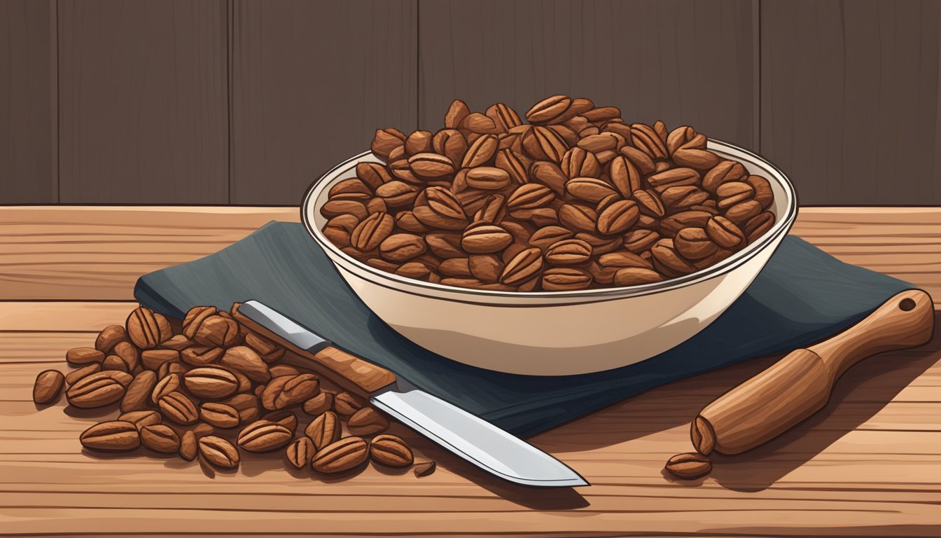 A bowl of raw pecans sits on a wooden cutting board, surrounded by scattered pecan shells. A chef's knife and a small pile of chopped pecans are nearby