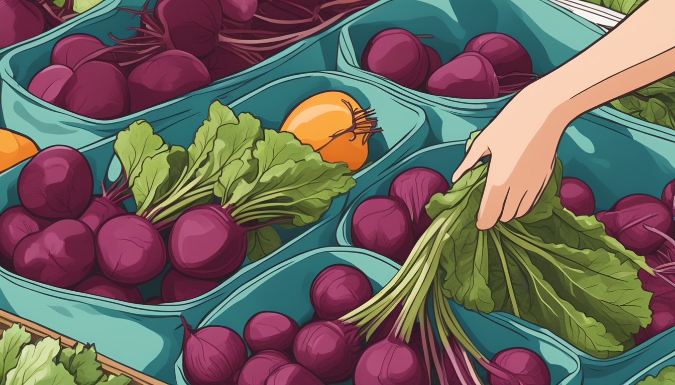 A person placing freshly harvested beets in a reusable produce bag at a farmers market