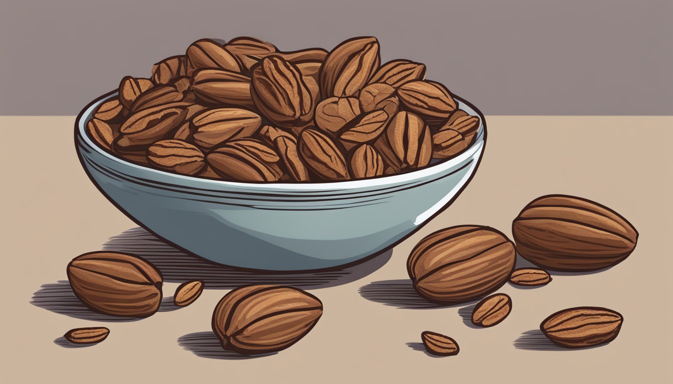 A pile of raw pecans spilling out of a cracked shell, with a measuring cup nearby to show portion sizes