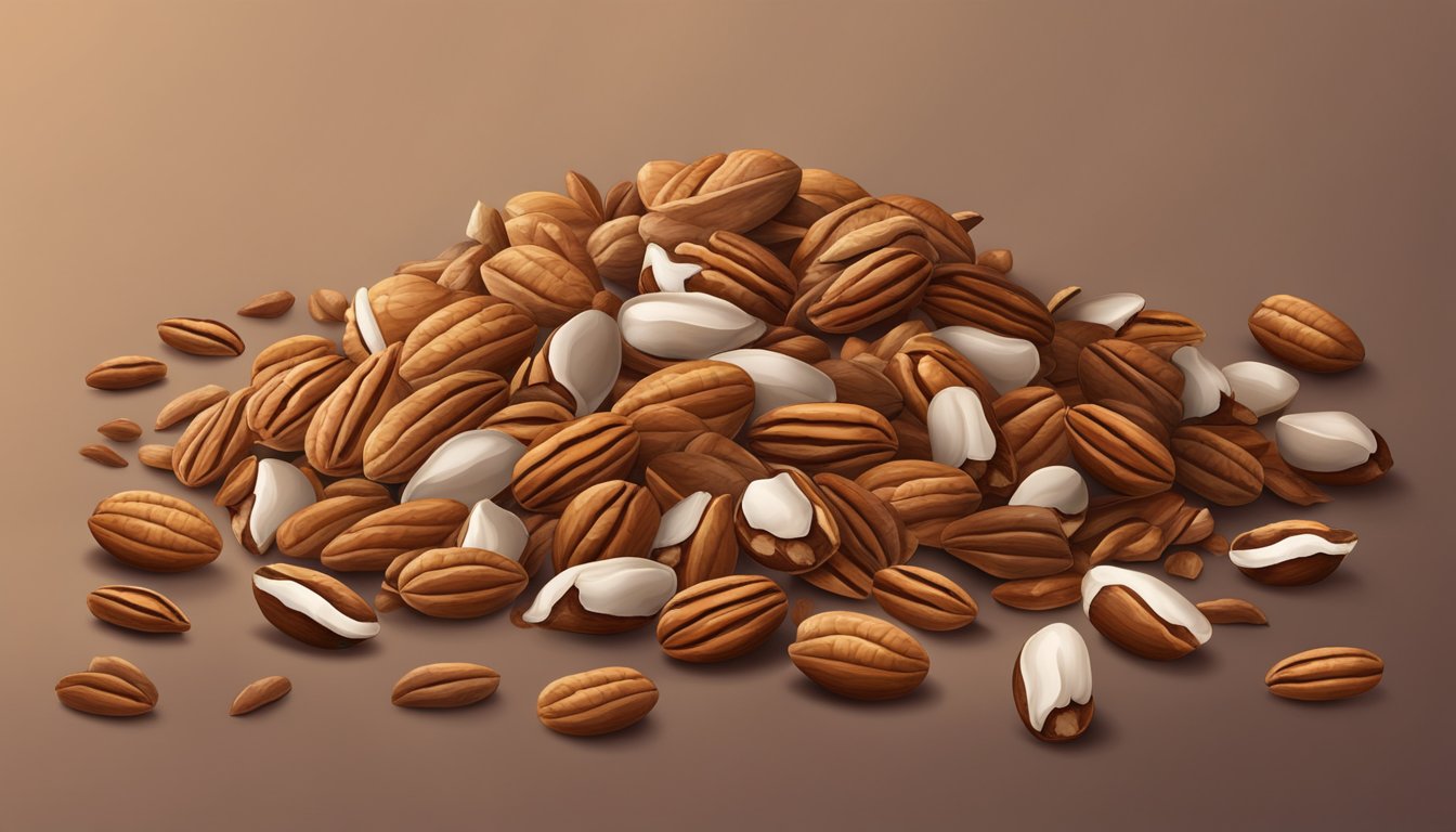 A pile of unshelled pecans surrounded by cracked shells and a few whole nuts