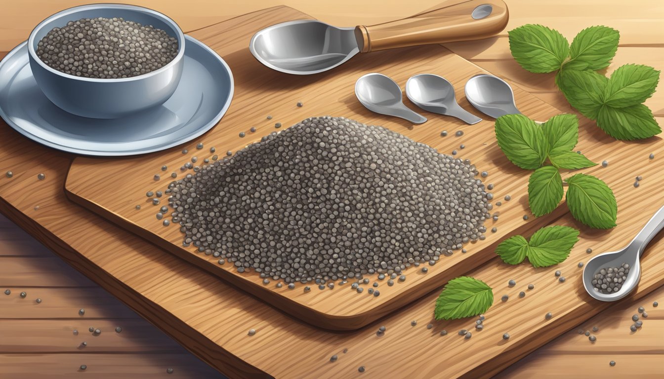 A handful of raw chia seeds spilled out onto a wooden cutting board, surrounded by scattered measuring spoons and a small glass dish