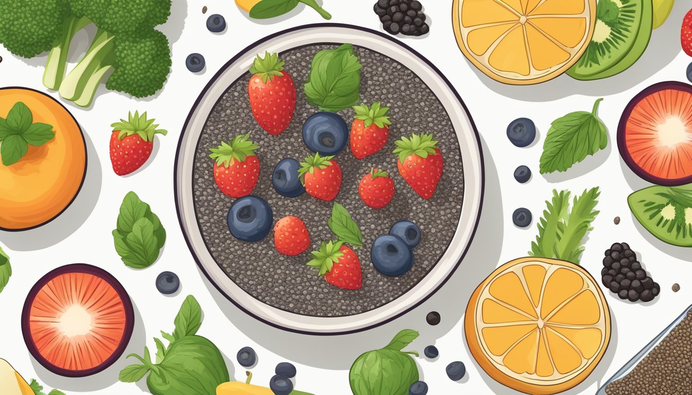 A bowl of chia seeds surrounded by various fruits and vegetables, with a spoonful of seeds being sprinkled onto a smoothie