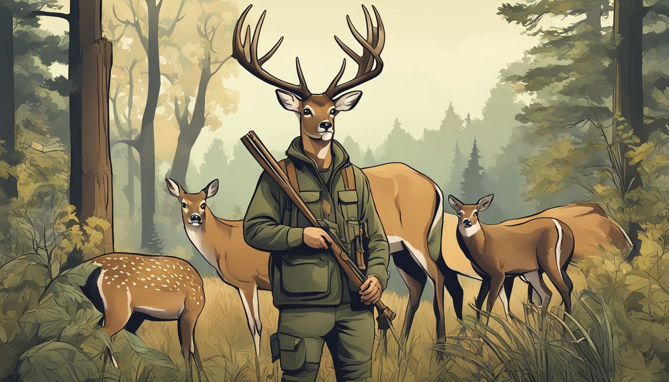 A hunter holds a freshly caught deer, surrounded by wild vegetation and trees. The deer's nutritional profile is displayed in a chart nearby