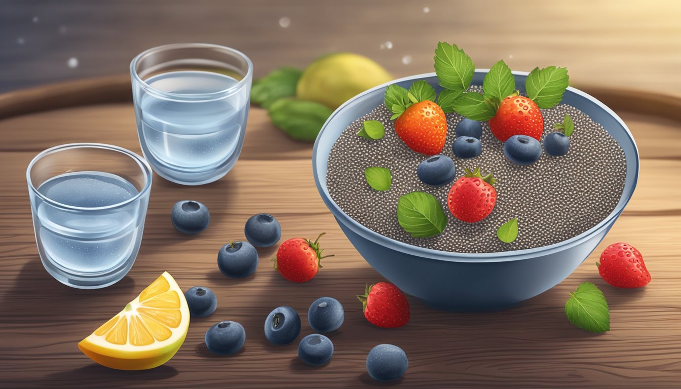 A small bowl of chia seeds surrounded by fresh fruits and a glass of water on a wooden table