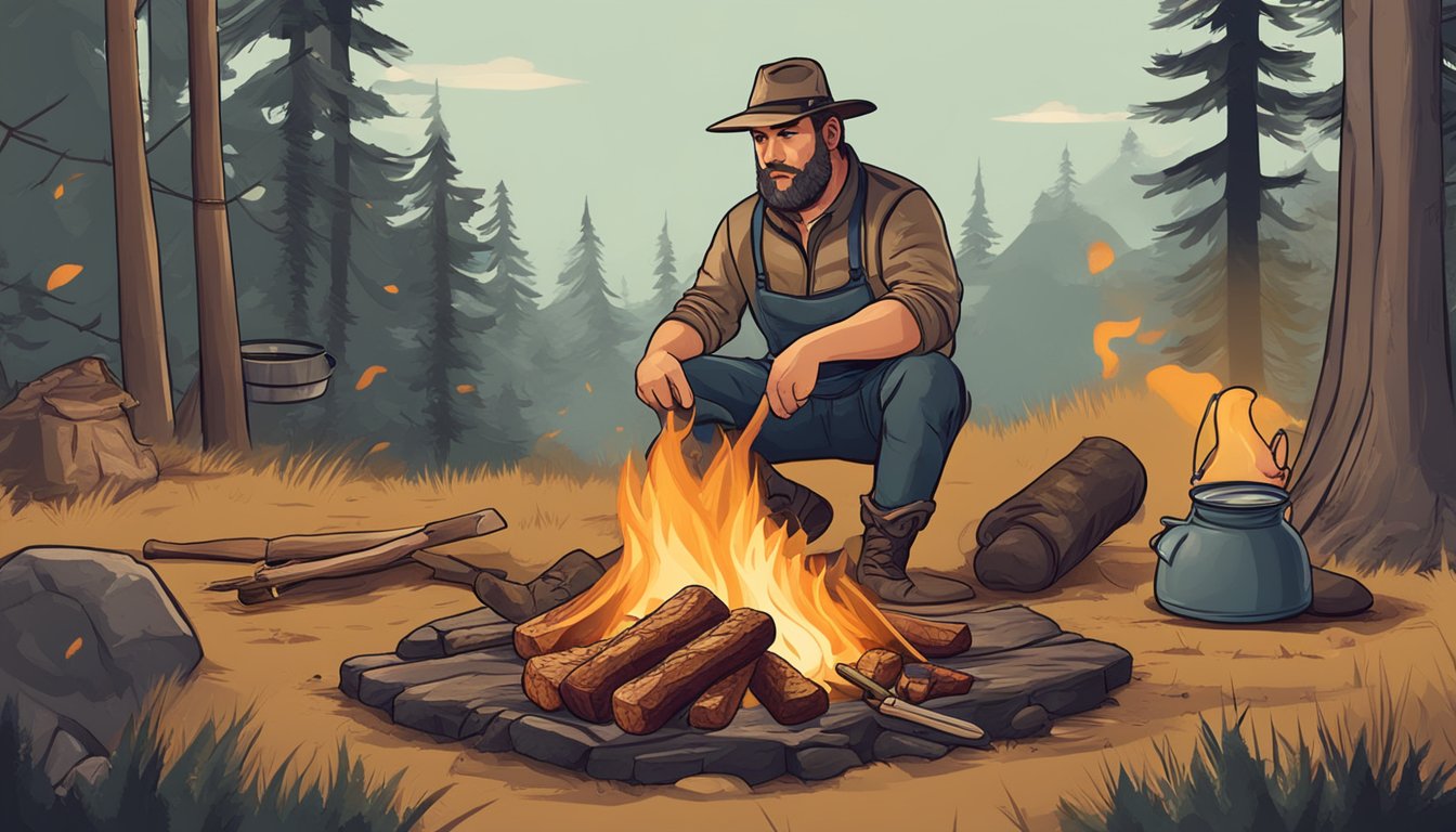 A hunter cooking game meat over a campfire, with a warning sign nearby