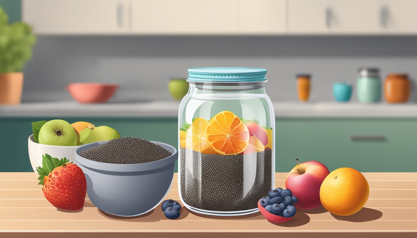 A glass jar filled with chia seeds sits on a kitchen counter next to a bowl of mixed fruit and a small measuring spoon