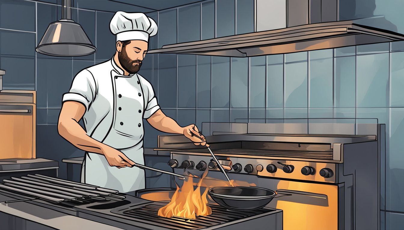 A chef grilling venison over an open flame, using a meat thermometer to ensure it reaches a safe internal temperature