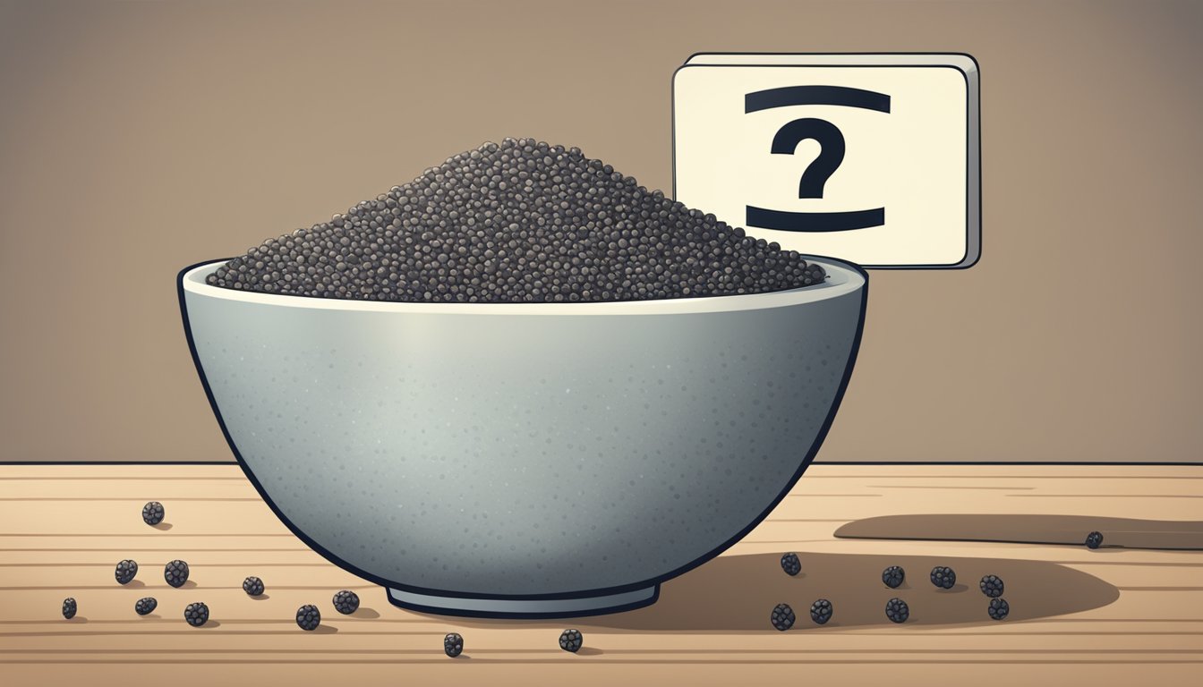 A bowl of chia seeds next to a warning sign and a question mark