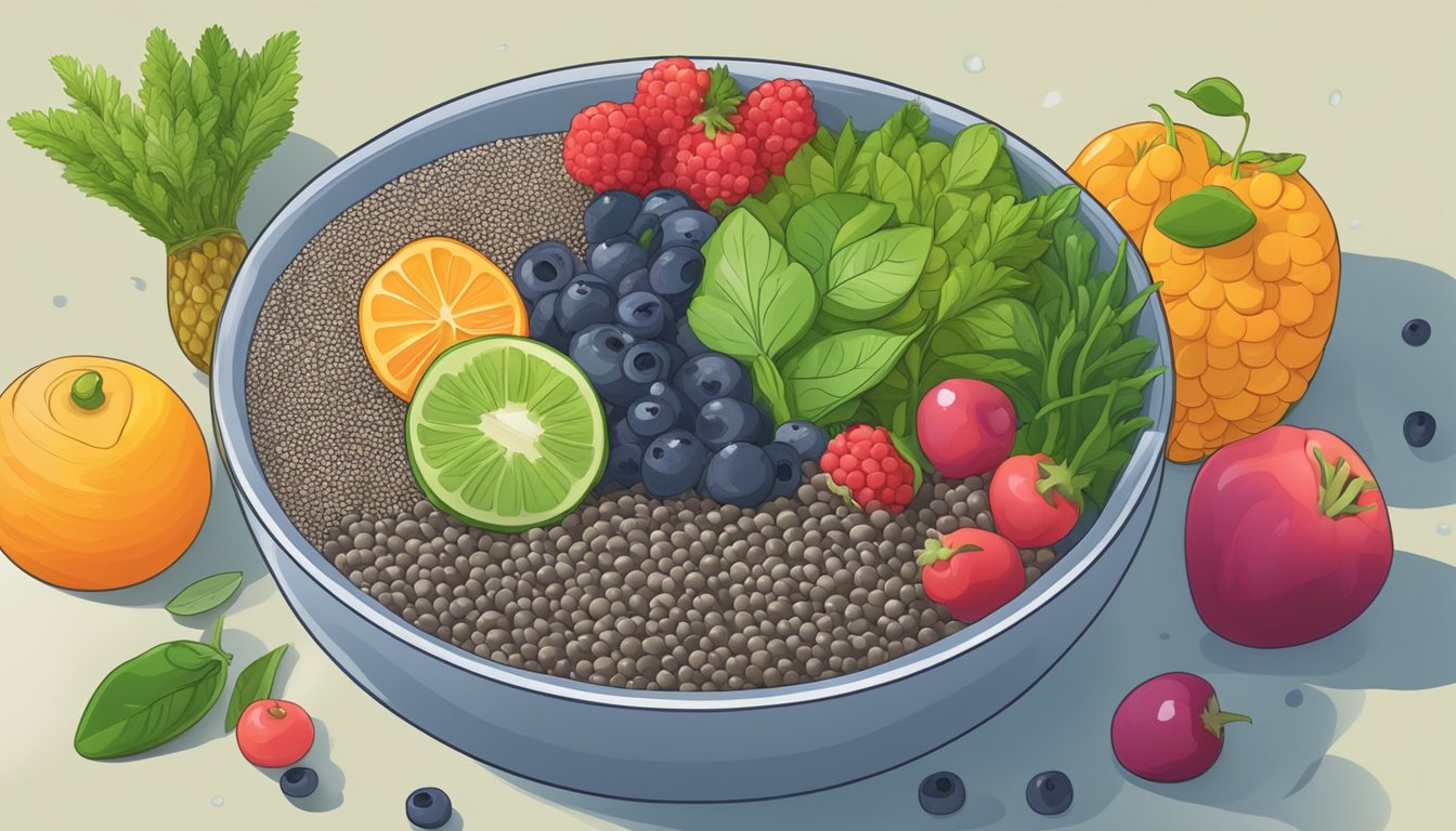 A bowl of raw chia seeds surrounded by various fruits and vegetables, with a clear glass of water nearby