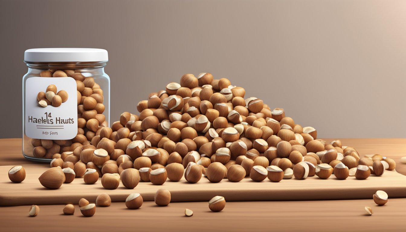 A pile of raw hazelnuts scattered on a wooden cutting board with a nutrition label and a question mark above them