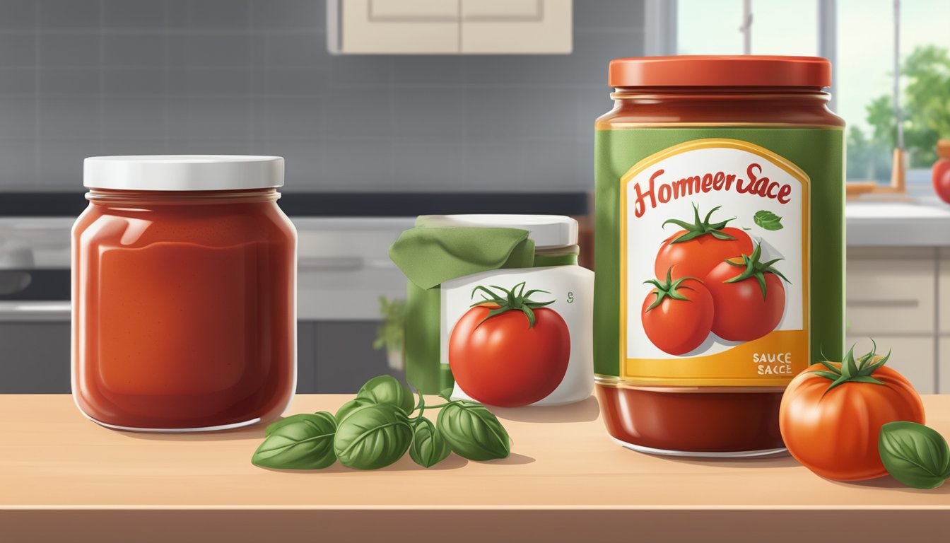 A jar of expired homemade tomato sauce next to a jar of unexpired commercial tomato sauce on a kitchen counter