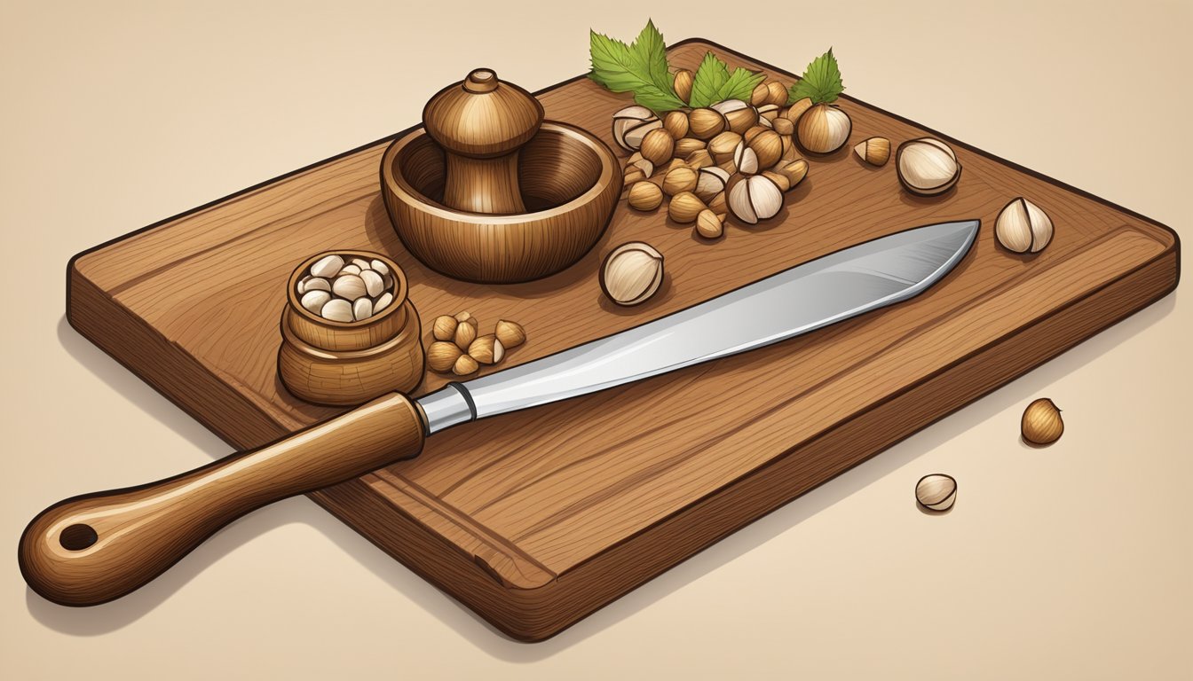 A wooden cutting board with whole and cracked hazelnuts, a nutcracker, and a mortar and pestle