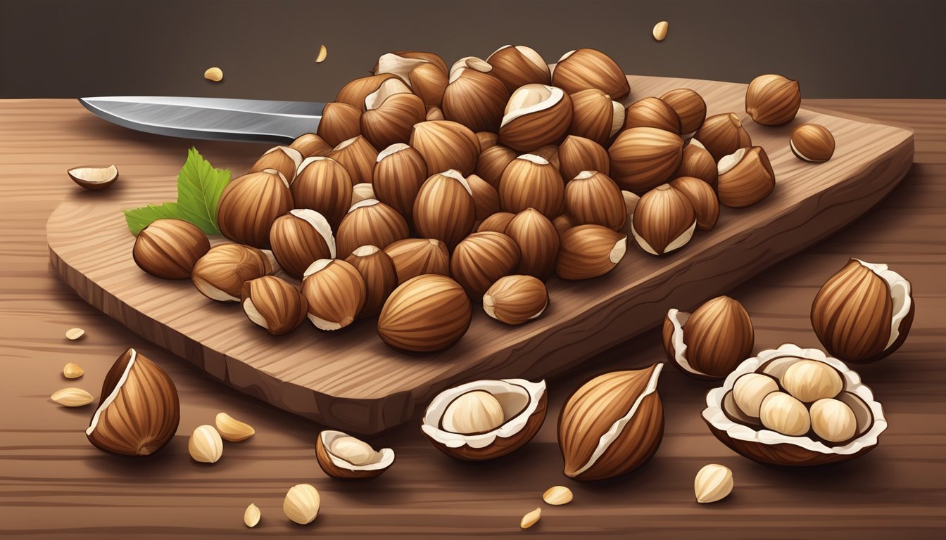 A pile of raw hazelnuts on a wooden cutting board, surrounded by scattered shells and a small knife