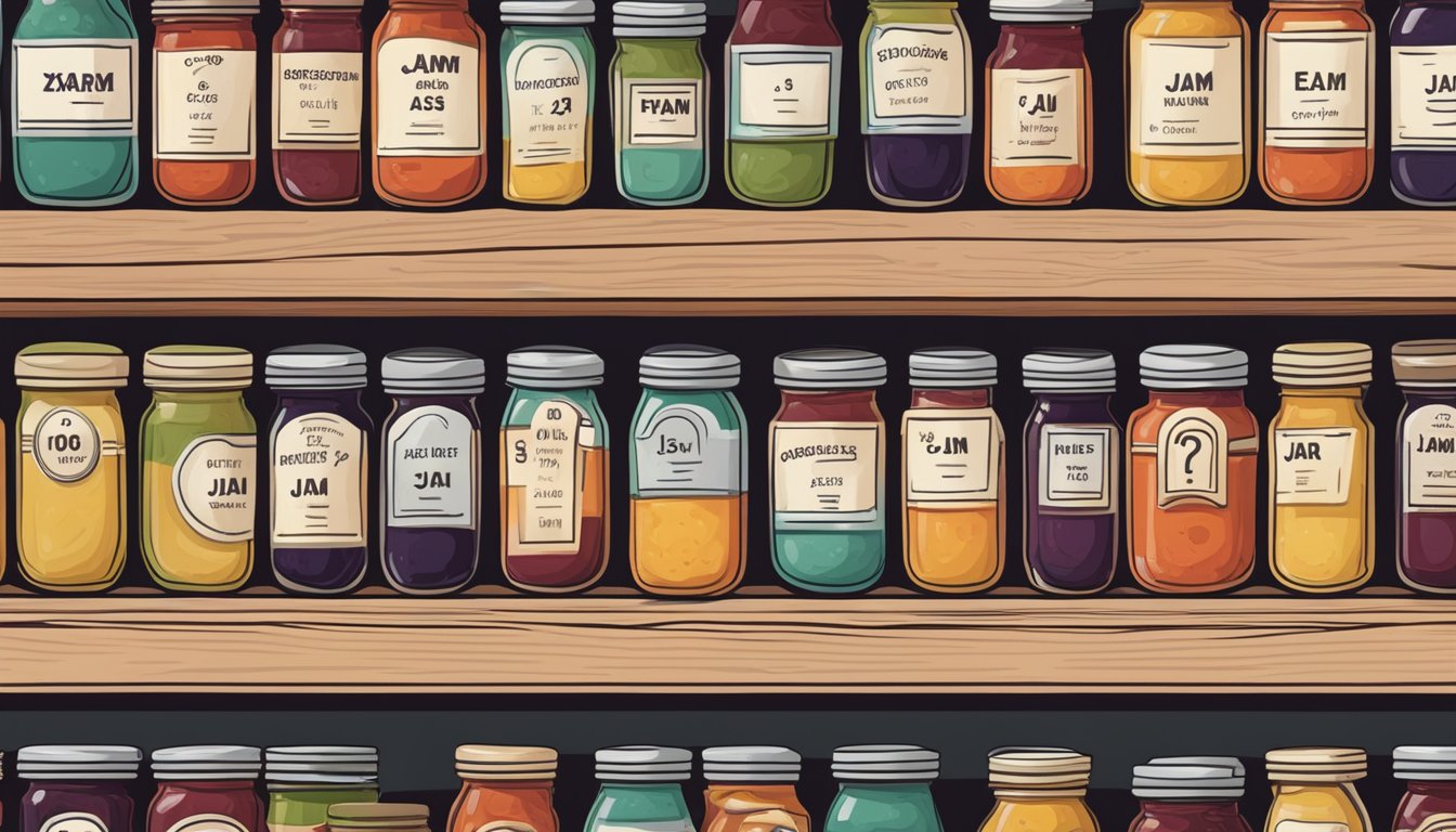 A pantry shelf with neatly organized jars of jam, some labeled with expiration dates. A question mark hovers over one jar