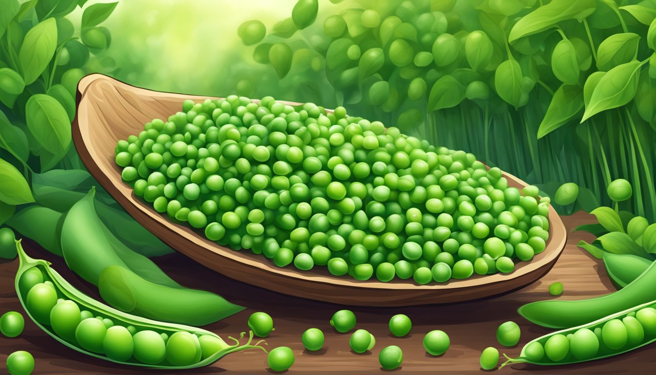 A pile of fresh raw peas spilling out of a pod, surrounded by vibrant green pea plants in a garden