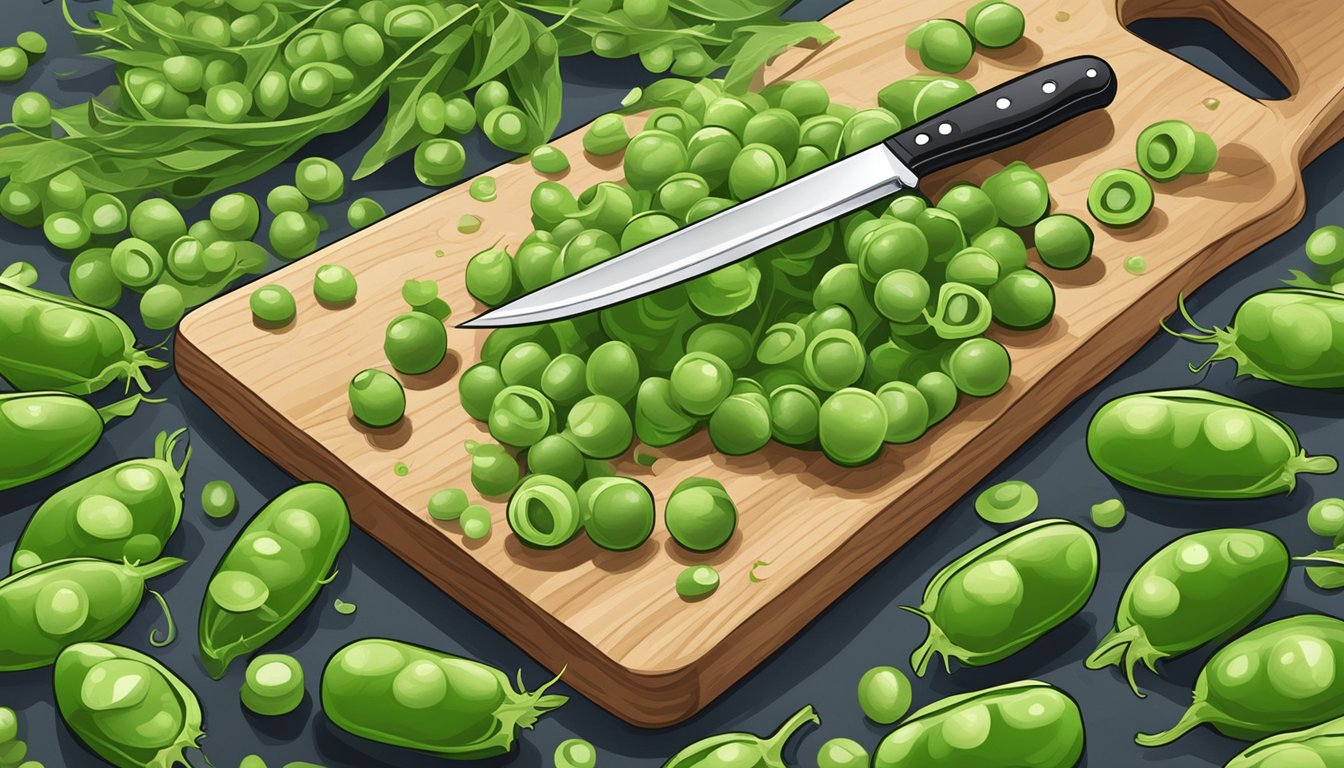 A pile of fresh peas on a cutting board, with a knife and a question mark hovering above them