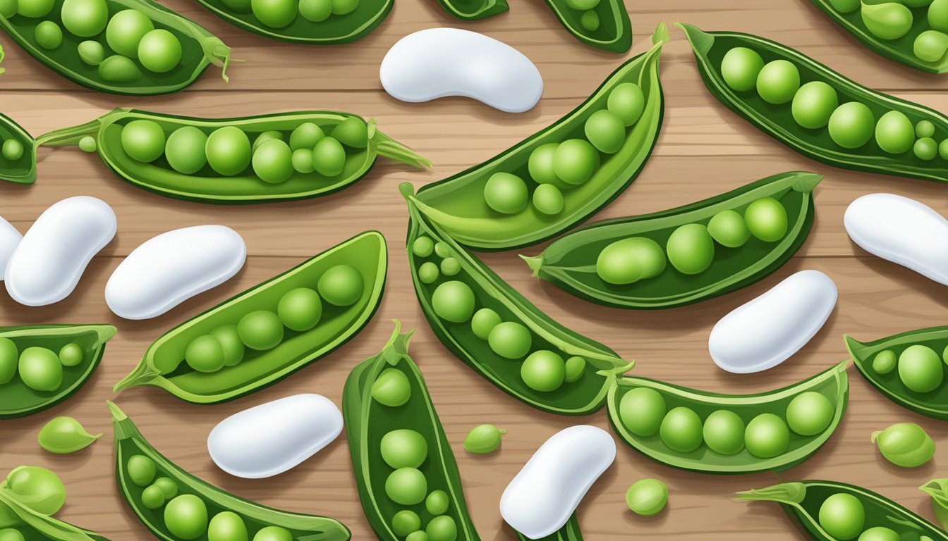 A colorful array of pea pods, including sugar snap, snow, and garden peas, with their unique shapes and sizes, arranged on a wooden cutting board