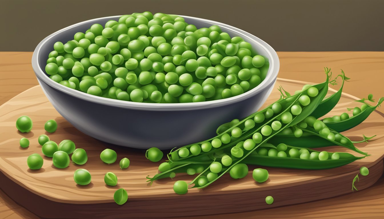 A bowl of fresh, raw peas surrounded by vibrant green pea pods, with a few peas spilling out onto a wooden cutting board