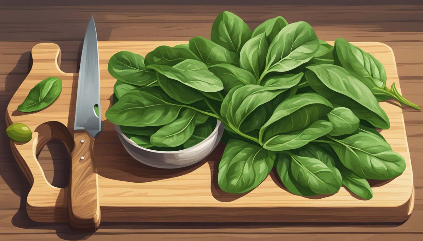 A vibrant bunch of raw spinach leaves arranged on a wooden cutting board, with a knife and a small bowl of olive oil nearby