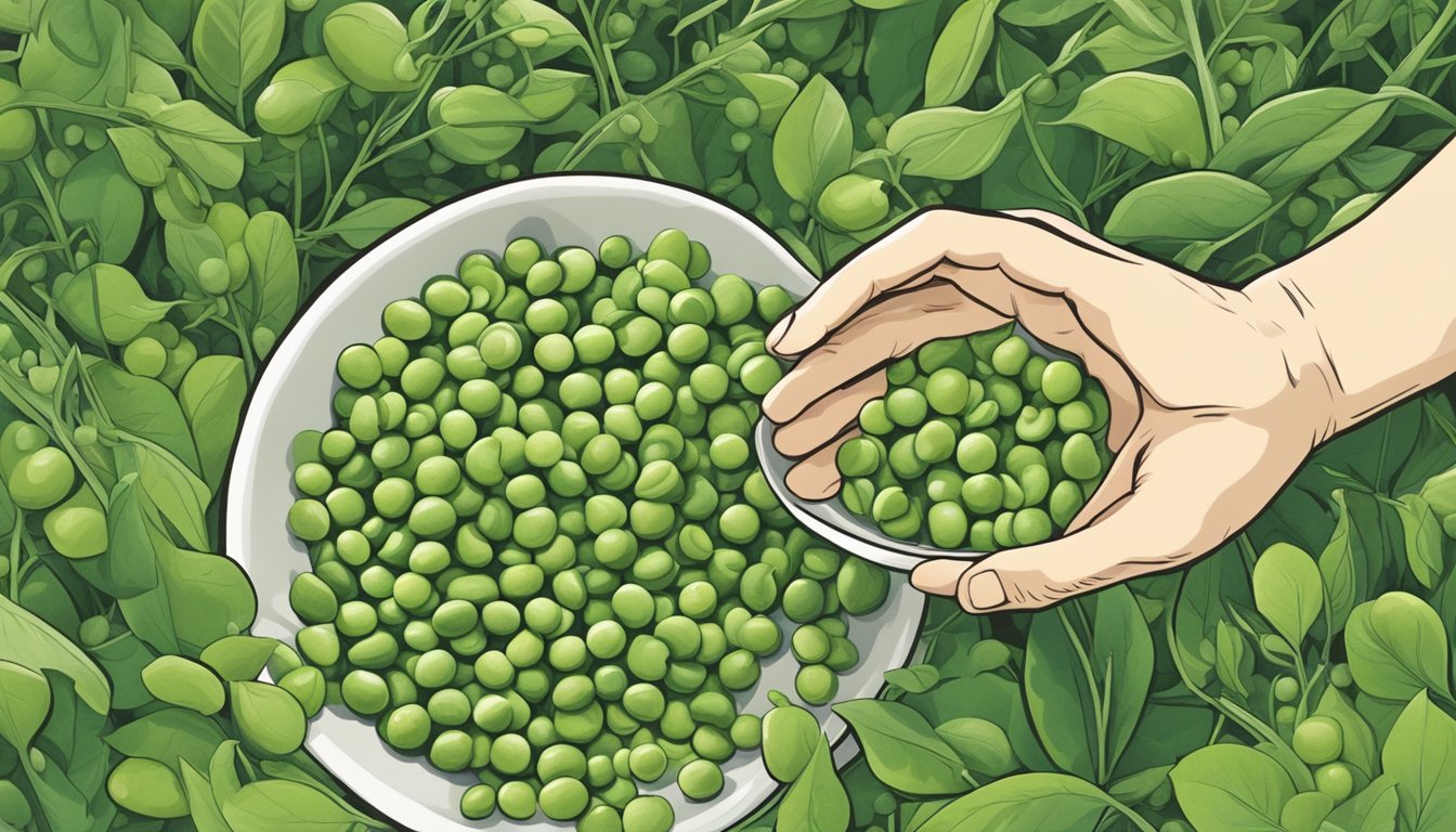 A hand reaching for a bowl of fresh, uncooked peas, surrounded by lush green pea plants in a garden