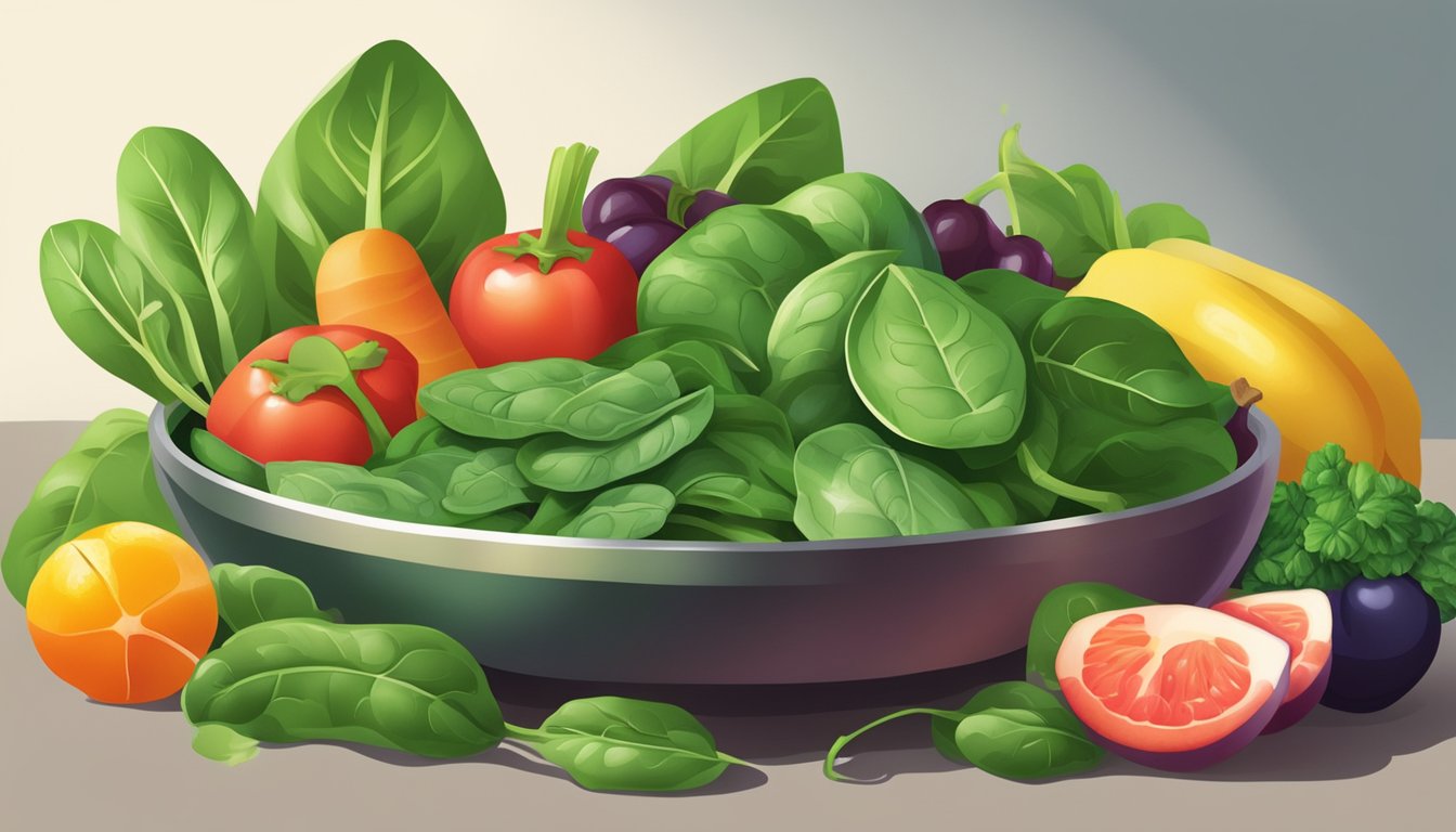 A bowl of fresh spinach leaves surrounded by various fruits and vegetables, with a bright spotlight shining on the spinach