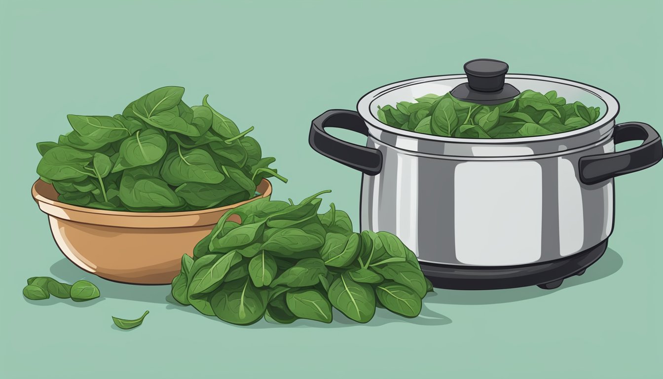 A pile of fresh spinach leaves next to a steaming pot of cooked spinach