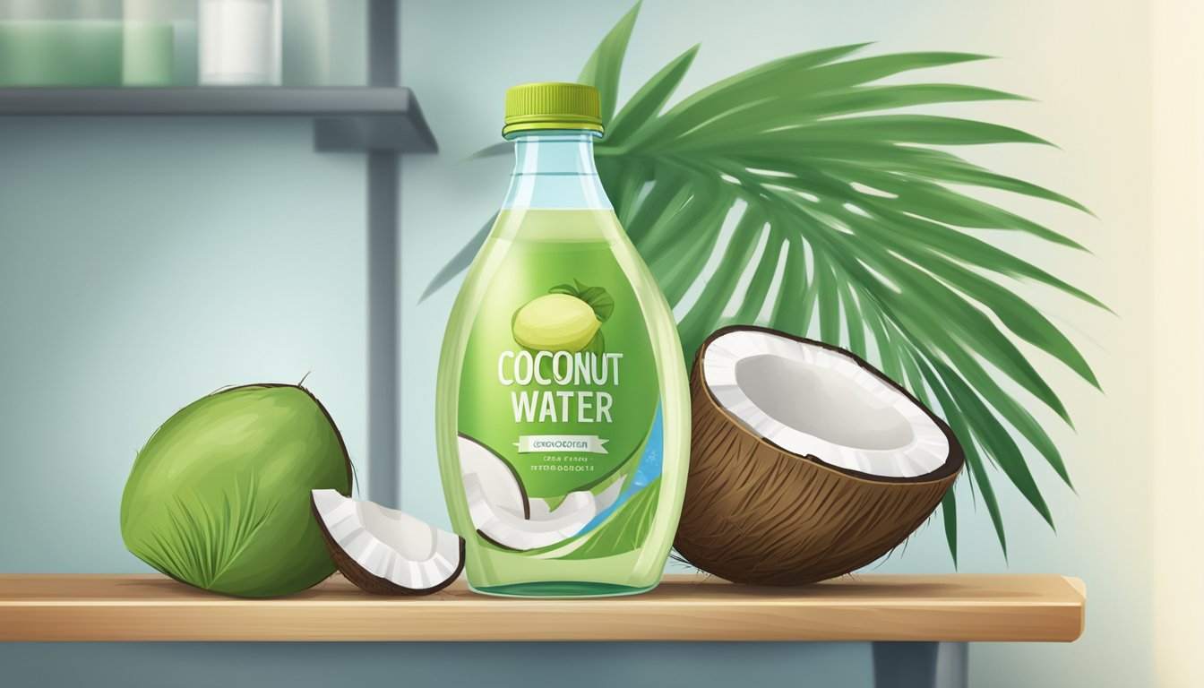 A clear, unopened bottle of coconut water sits on a shelf, with a visible expiration date