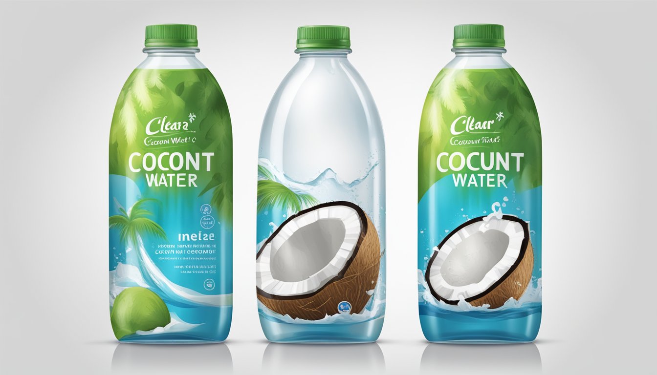 A clear, unopened bottle of coconut water with visible signs of mold and discoloration