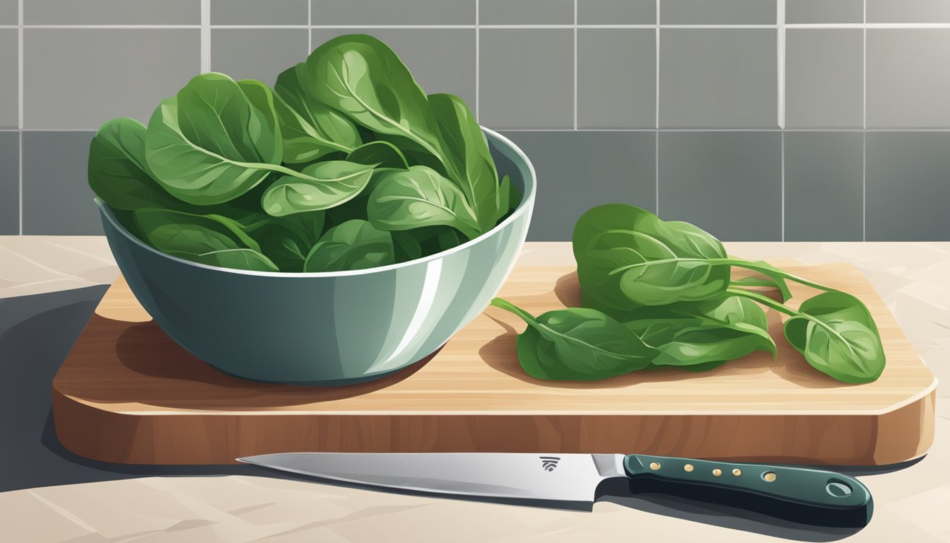 A bowl of fresh spinach leaves, a cutting board, and a knife on a clean kitchen counter