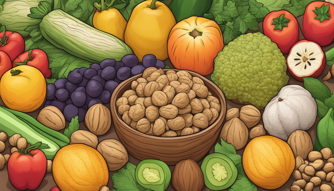 A pile of raw walnuts surrounded by a variety of fresh fruits and vegetables, with a nutrition label in the background